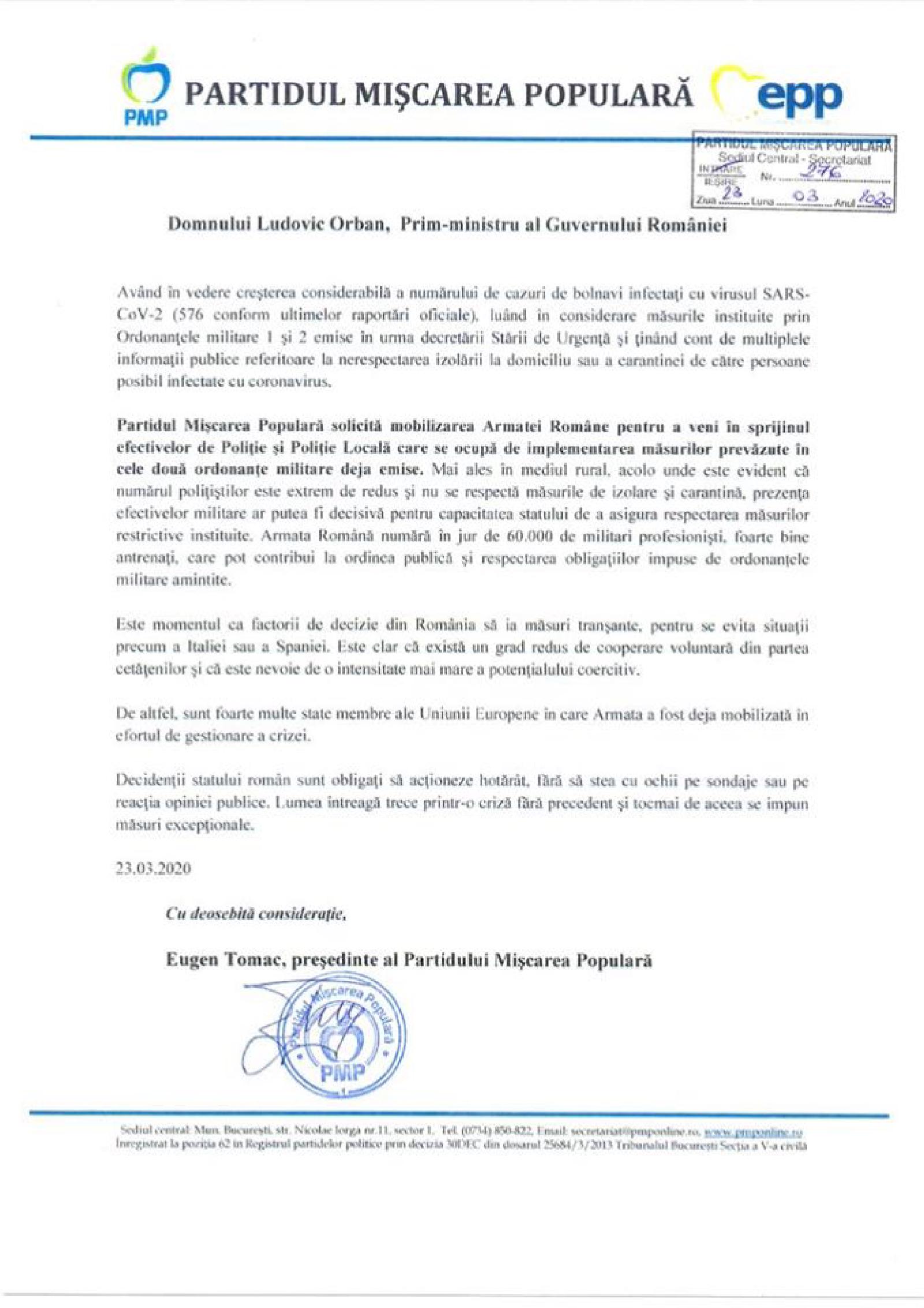 Featured image of post PMP îi solicită premierului Orban să mobilizeze Armata